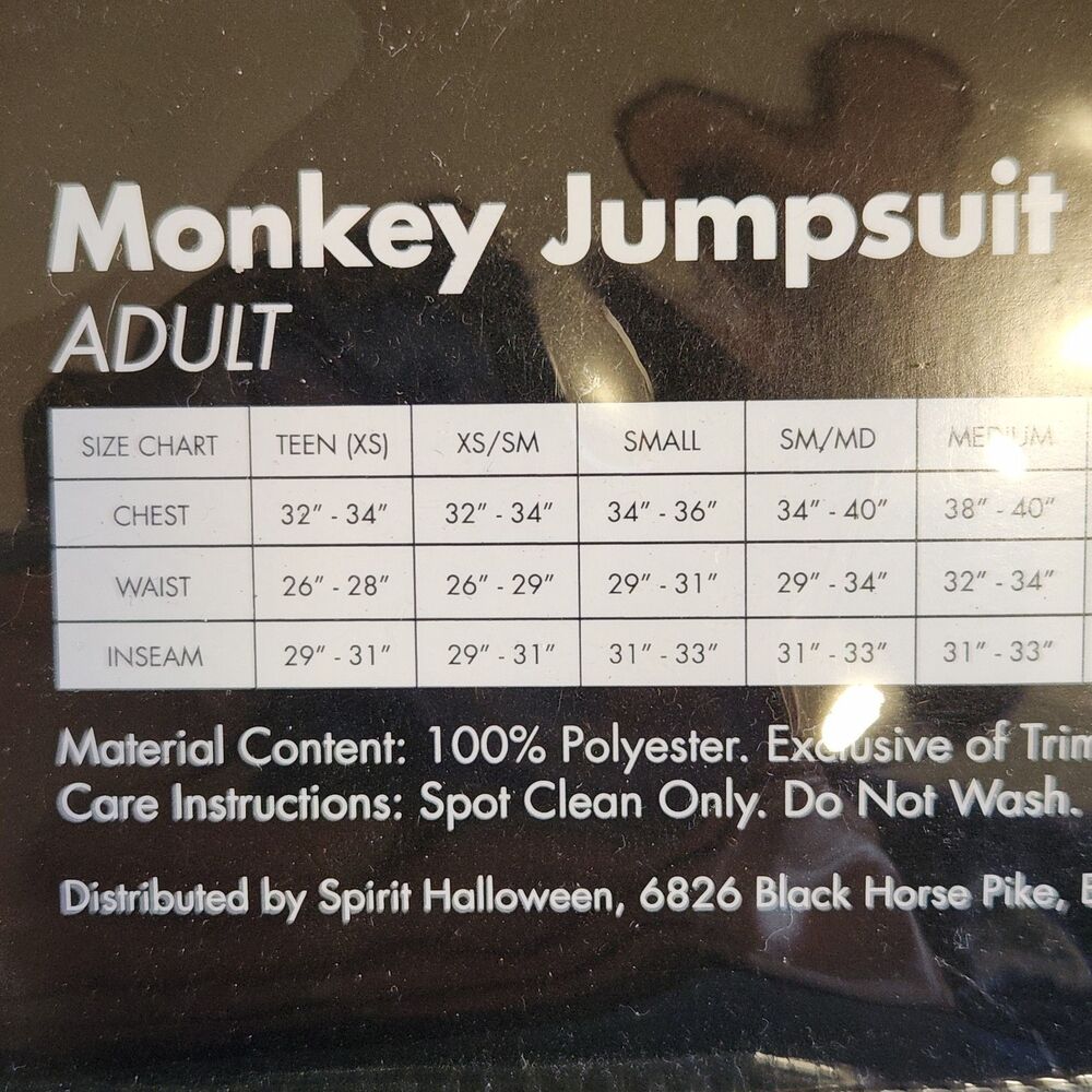 Spirit Halloween Monkey Jumpsuit Adult Costume SM/MD Hooded Plush Brown w/Tail - Picture 6 of 6